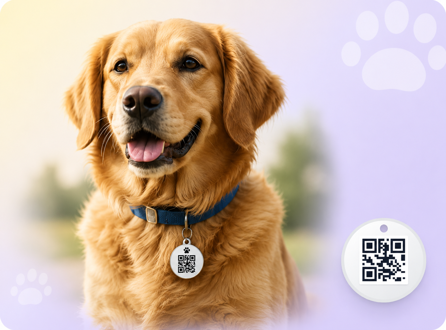 Happy golden retriever wearing a PetBrights QR tag